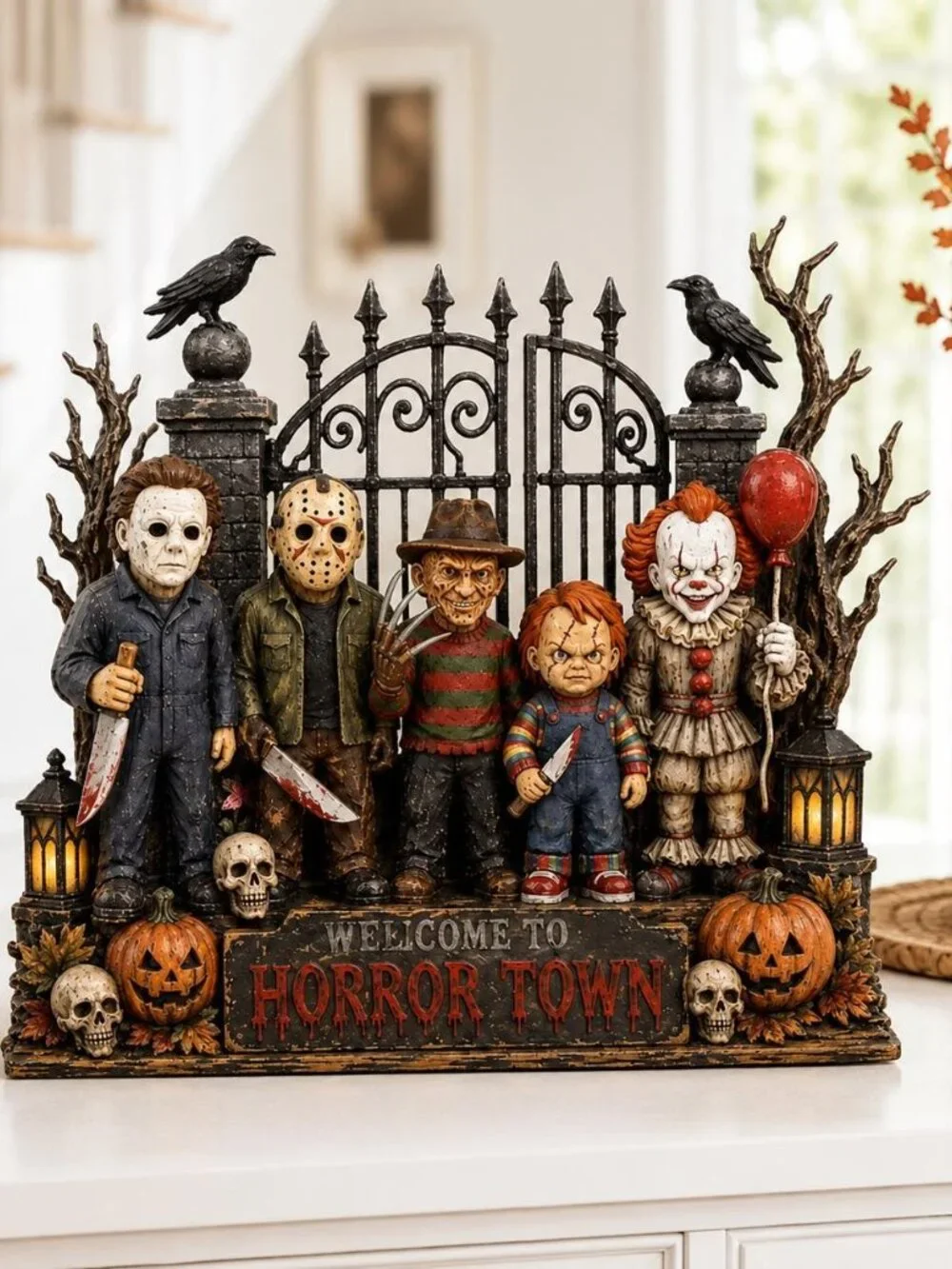 Wooden Halloween Horror Figurine, Creepy Masked Monsters, Gothic Tabletop Shelf
